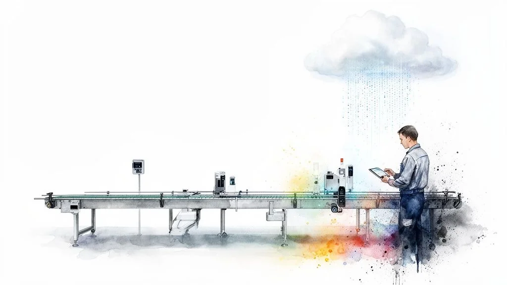 Man with tablet monitors industrial conveyor belt, receiving data flow from a digital cloud.