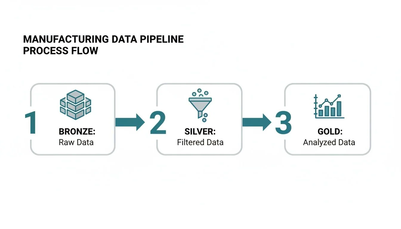 Flowchart illustrating a manufacturing data pipeline with bronze (raw), silver (filtered), and gold (analyzed) data stages.
