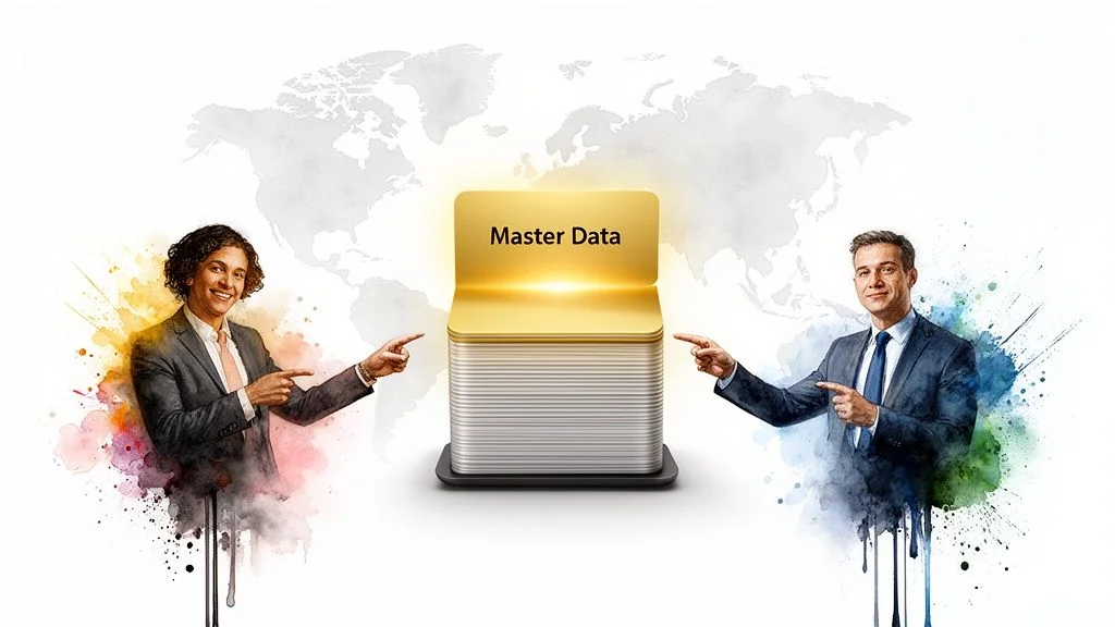 Two smiling businessmen with watercolor effects point to a 'Master Data' stack against a world map background.