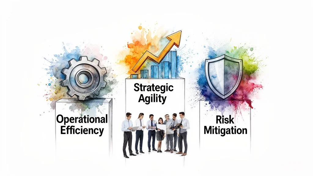 Three business pillars: operational efficiency (gear), strategic agility (chart, team), and risk mitigation (shield) with watercolor background.