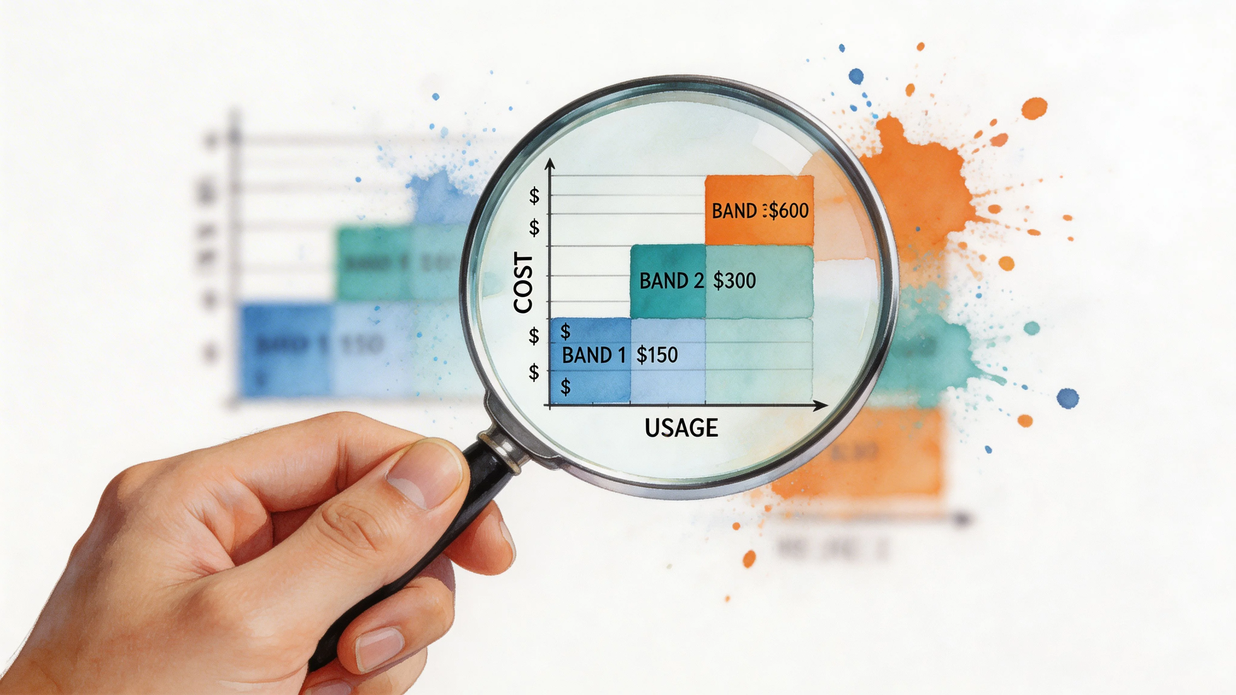 A hand holding a magnifying glass over a chart illustrating tiered cost bands for service usage.