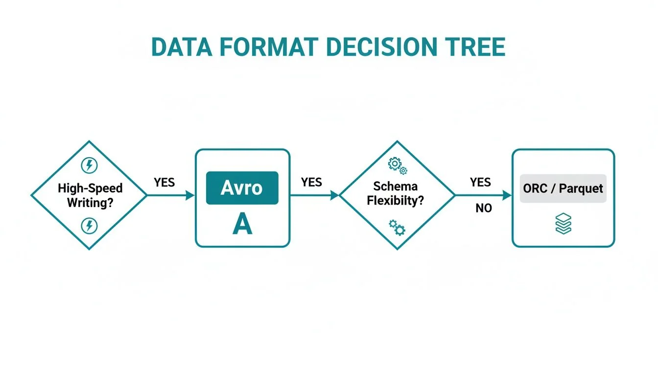 Data format decision tree flowchart comparing Avro and ORC/Parquet based on writing speed and schema flexibility.