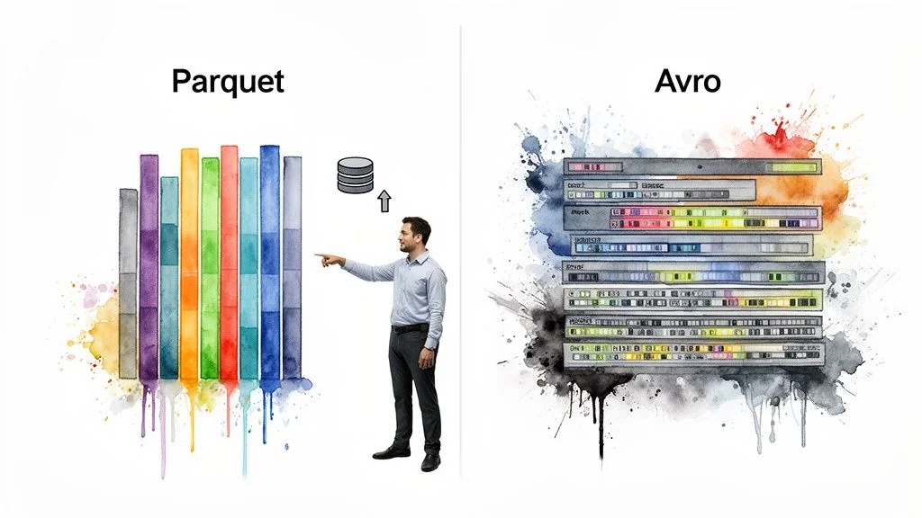A man explains the difference between Parquet's columnar data storage and Avro's row-oriented data format.