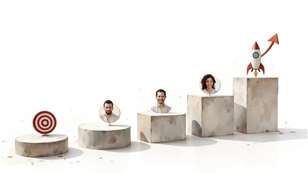 Young woman in denim shirt analyzes retail data visualizations next to stacked product boxes.