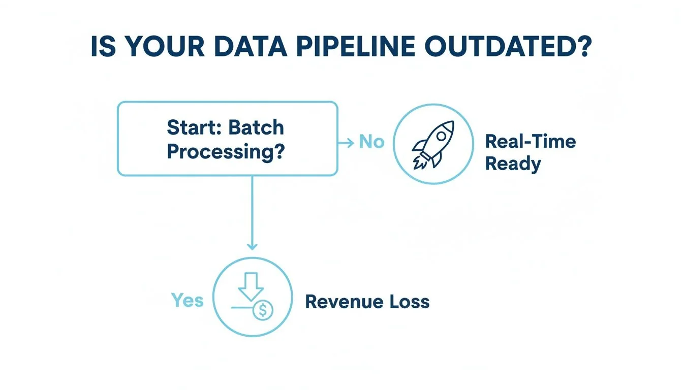 A flowchart asking if a data pipeline is outdated. Batch processing leads to revenue loss, while not using it means real-time readiness.