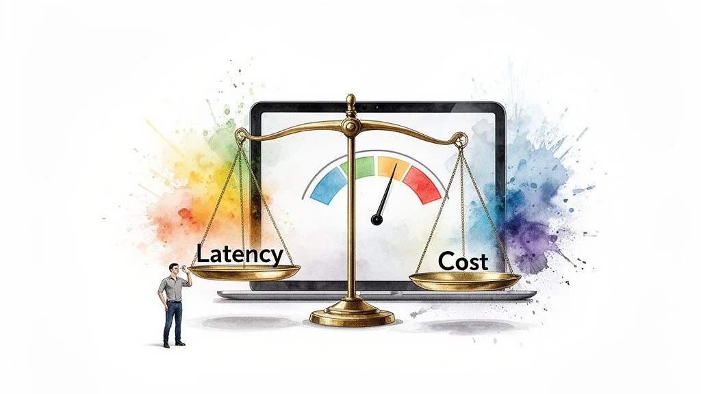 Man balancing 'Latency' and 'Cost' on a scale, with a laptop showing a performance gauge.