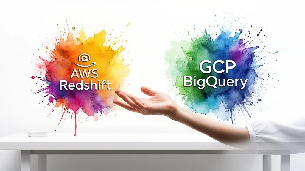 A hand gesturing toward two colorful watercolor splashes labeled with AWS Redshift and GCP BigQuery logos.