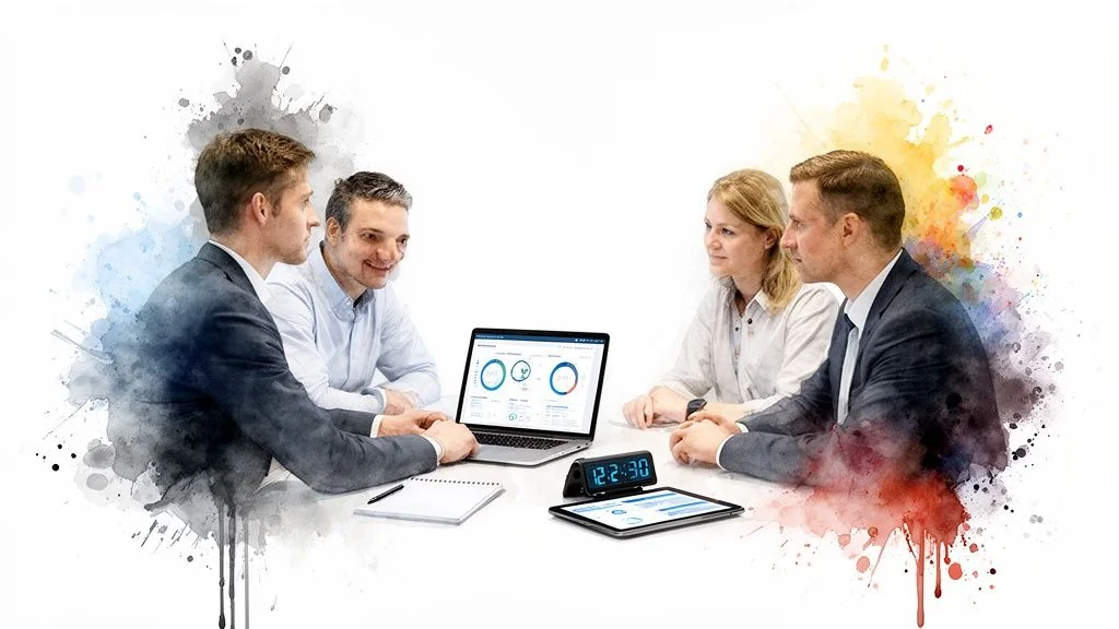 Four diverse business professionals collaborate around a laptop, discussing an RFP process document with sticky notes.