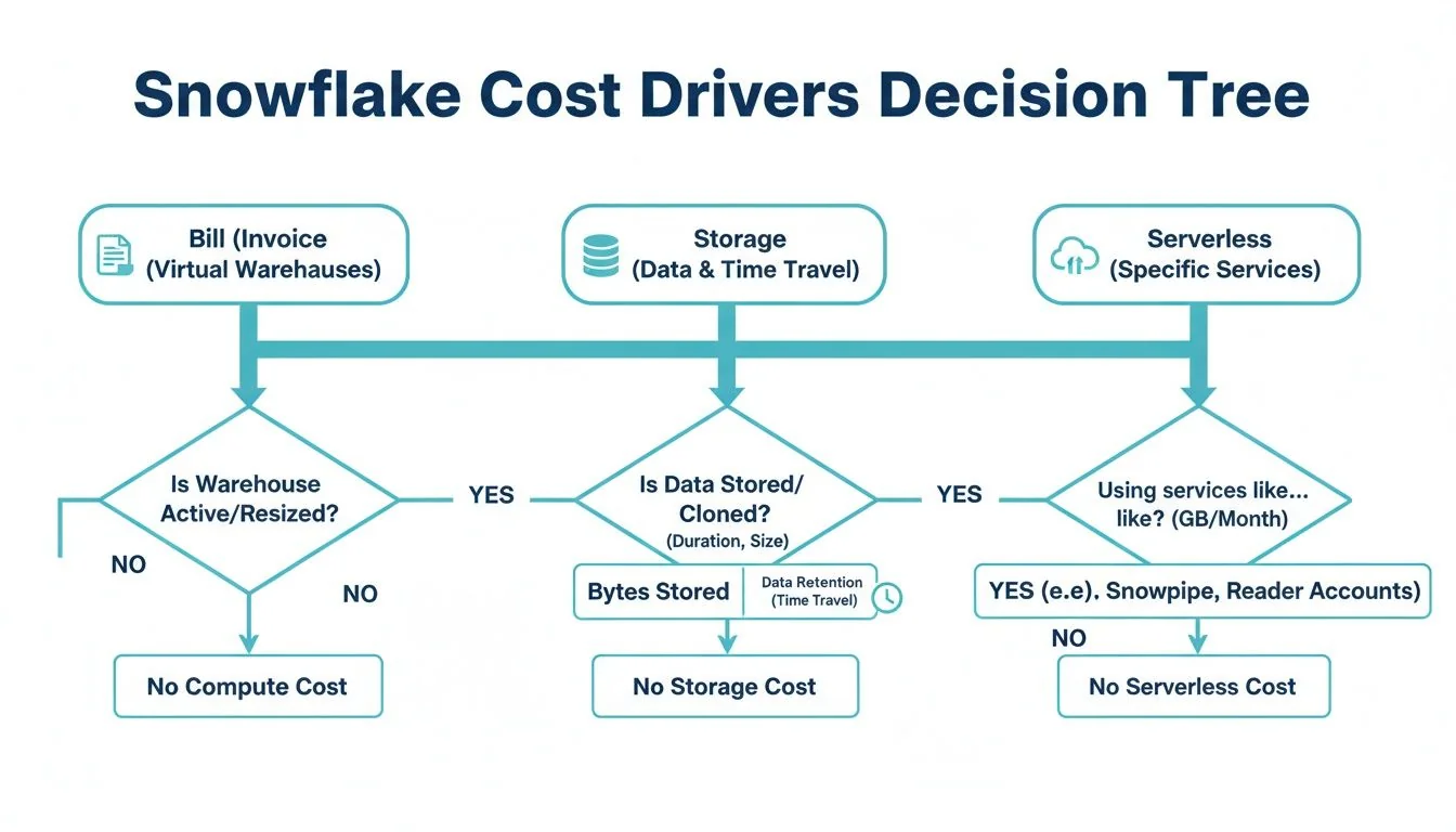 A Snowflake cost drivers decision tree diagram detailing factors for compute, storage, and serverless costs.
