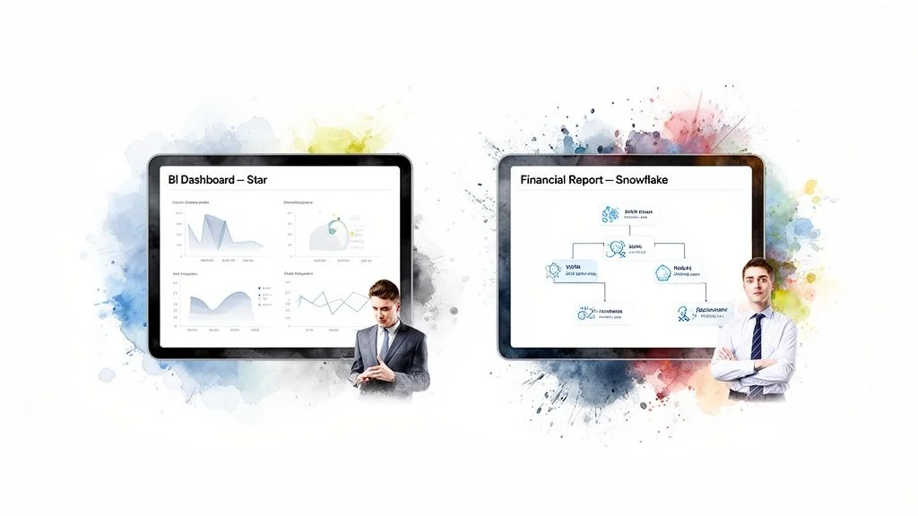 A hand points at a data schema diagram, comparing star and snowflake database models.