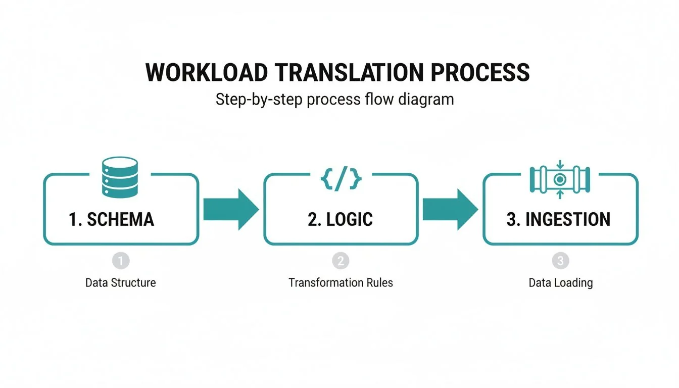 A step-by-step diagram illustrating the Workload Translation Process, including Schema, Logic, and Ingestion.