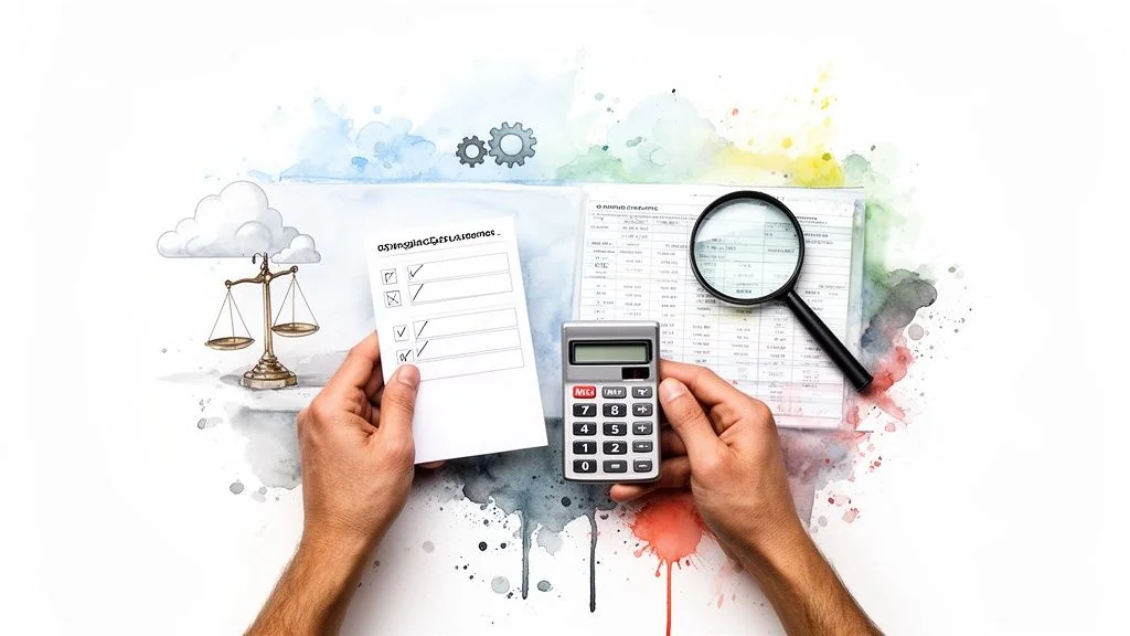 Hands hold a calculator and checklist, with documents, a magnifying glass, and a balance scale in a watercolor setting.