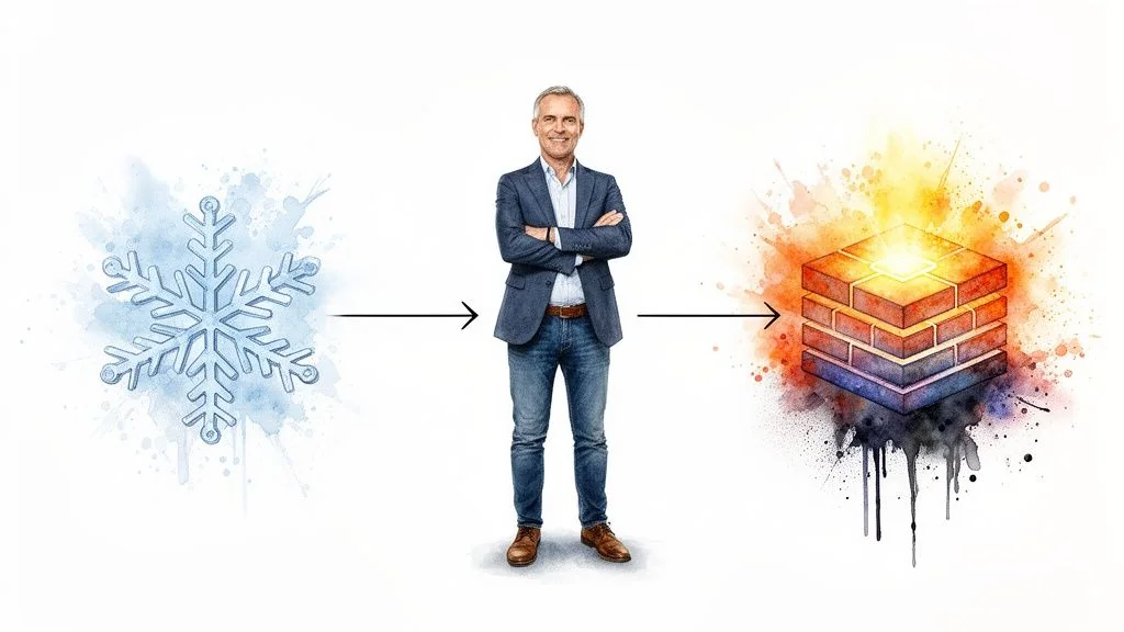 Man connecting a blue snowflake to a glowing stacked data block, illustrating a migration process.