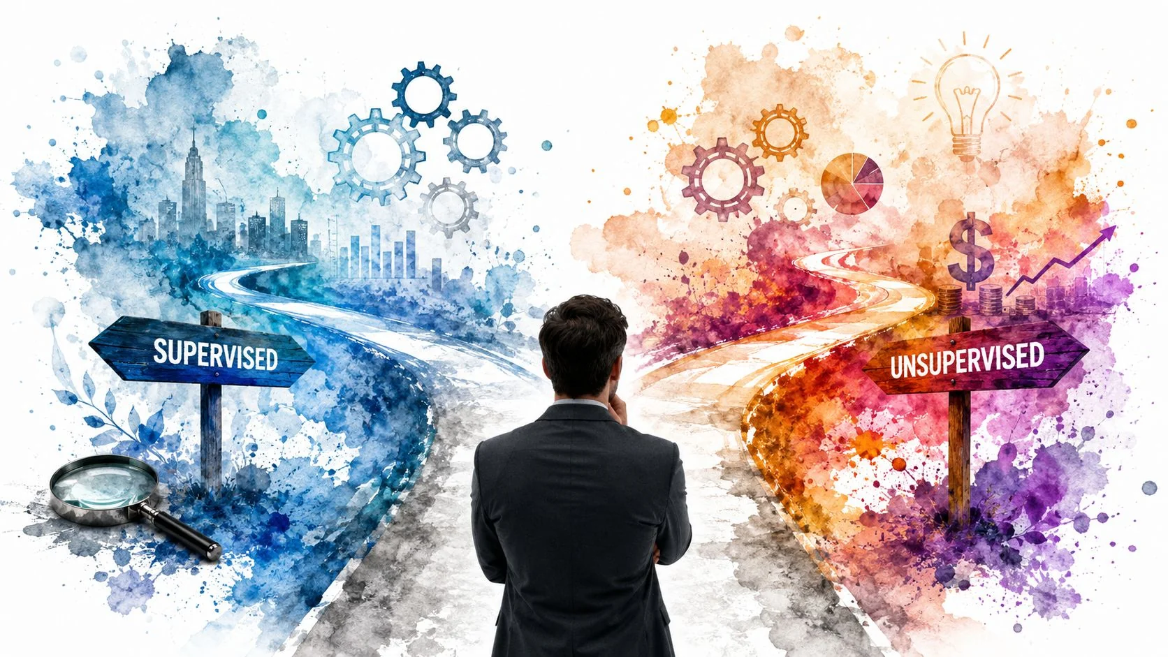 A businessman standing at a crossroads choosing between supervised and unsupervised learning paths with artistic watercolor elements.