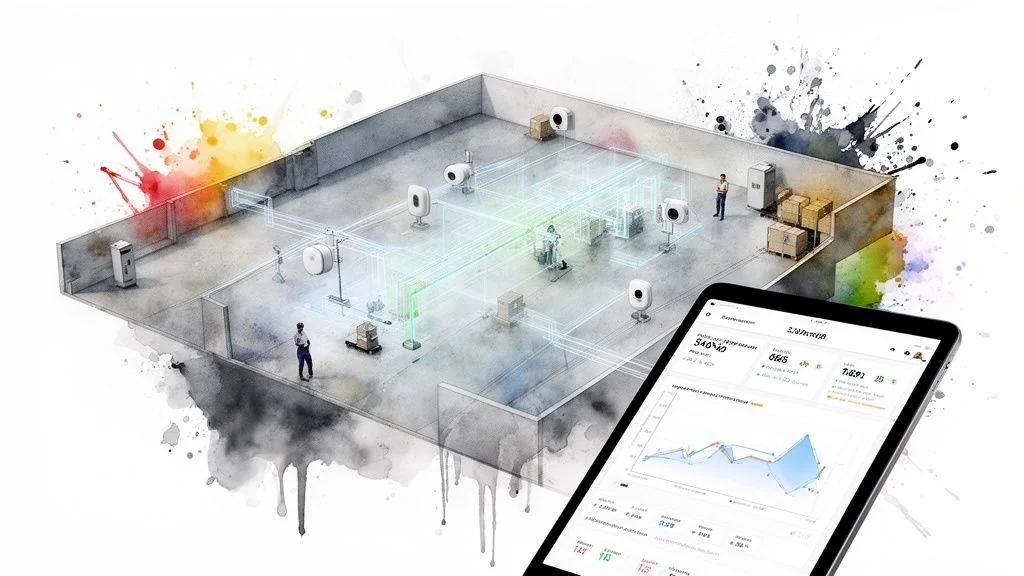 Smart factory floor with glowing data lines, sensors, and a tablet displaying real-time analytics.