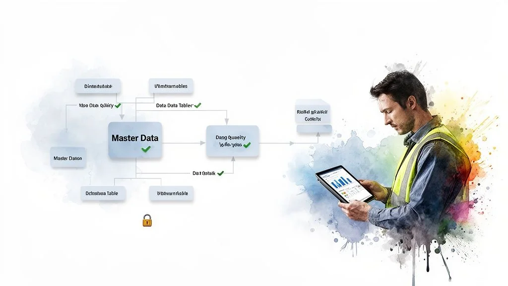 Man analyzing data on a tablet, with a master data management flow diagram and quality checks.