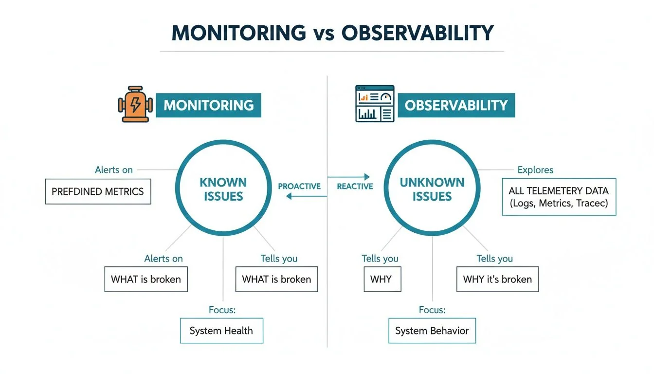 Infographic comparing monitoring vs. observability, highlighting their focus on known/unknown issues, metrics, and system health/behavior.