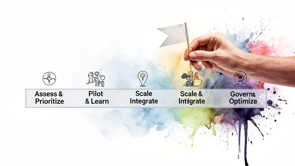 A five-step process roadmap with icons: Assess, Pilot, Scale, Scale & Intigrate, and Govern, on a watercolor background.