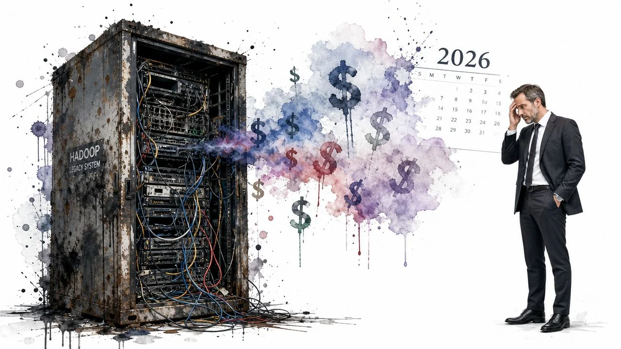 A concerned businessman looking at a rusty Hadoop legacy server leaking money symbols near a 2026 calendar.