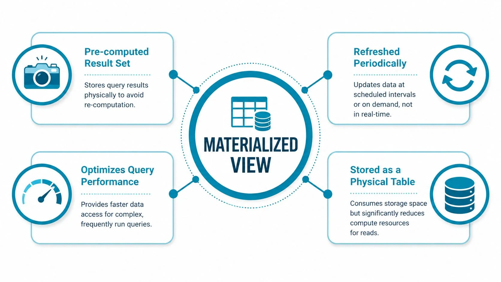 A diagram illustrating the key features of a materialized view in database management systems.