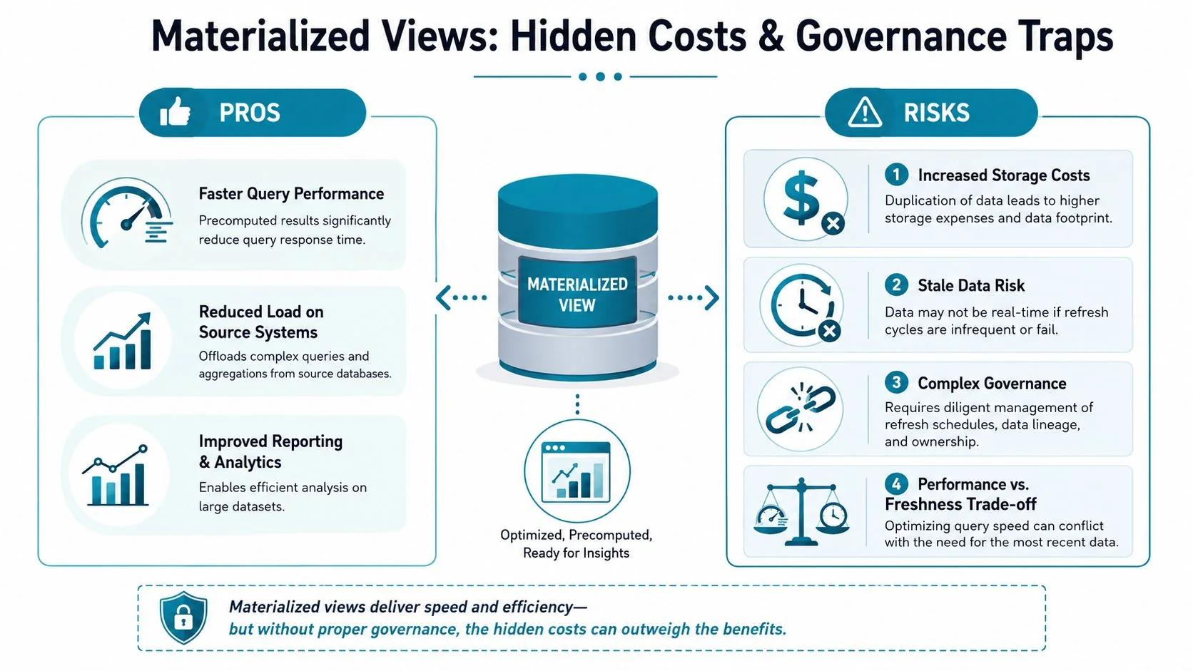 An infographic showing the pros and risks of using materialized views in data management systems.