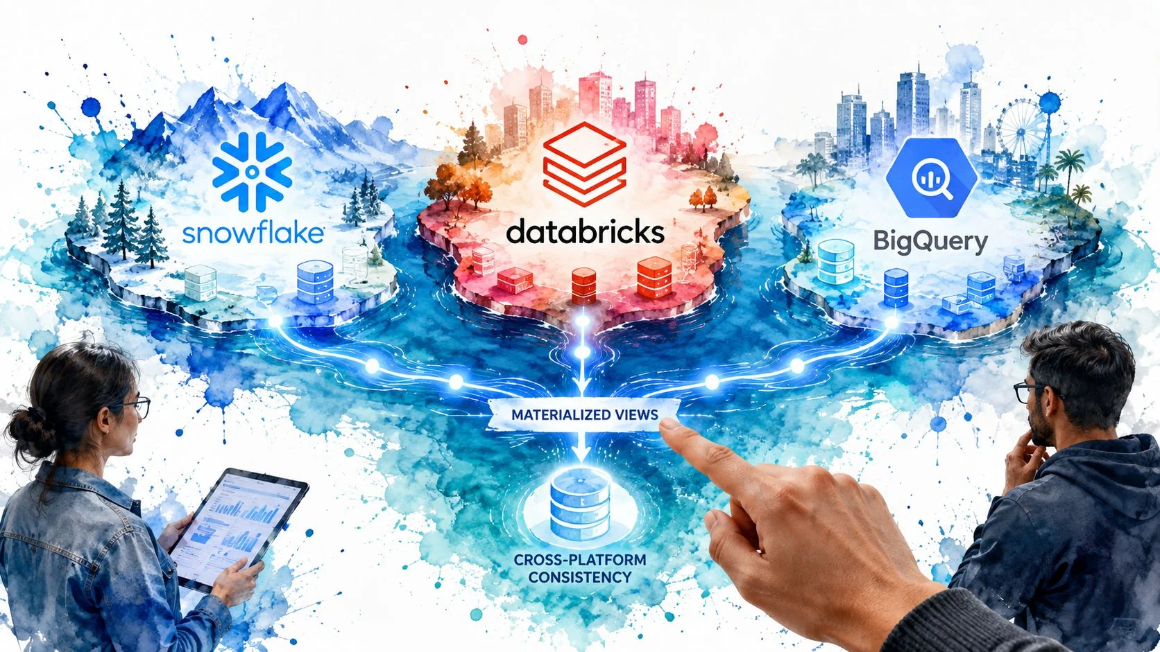 A digital illustration showing Snowflake, Databricks, and BigQuery data platforms integrating via materialized views for cross-platform consistency.